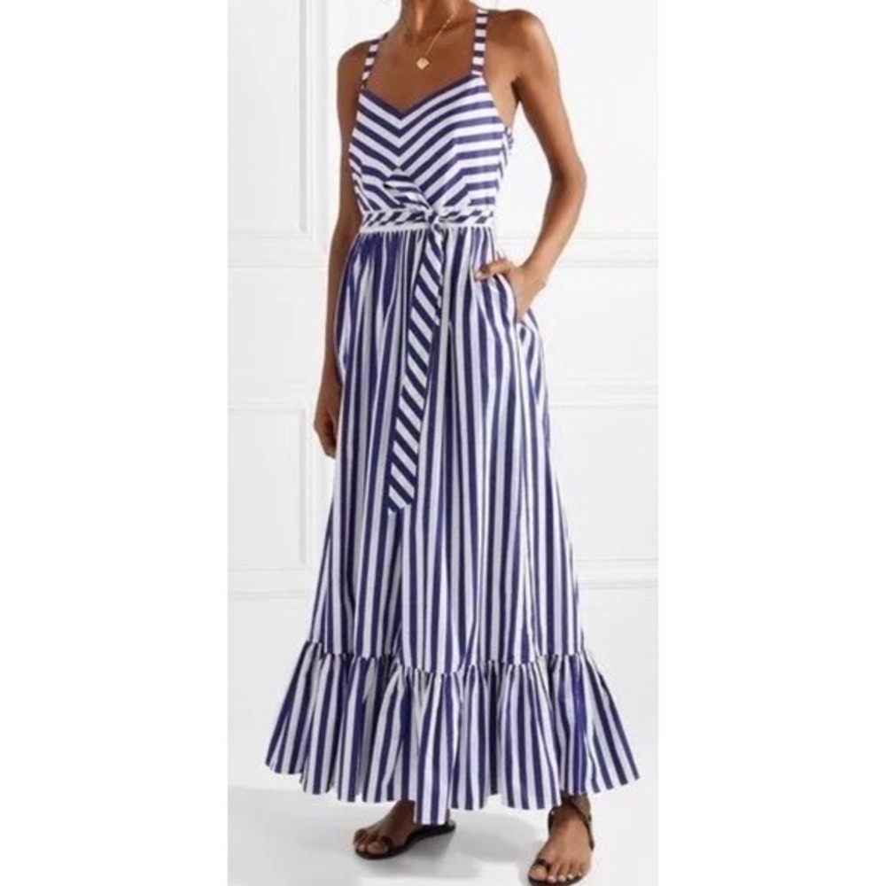 J.Crew Striped Ruffle Maxi White Deep Orchid‎ Belted Cotton Tank Dress Size 2